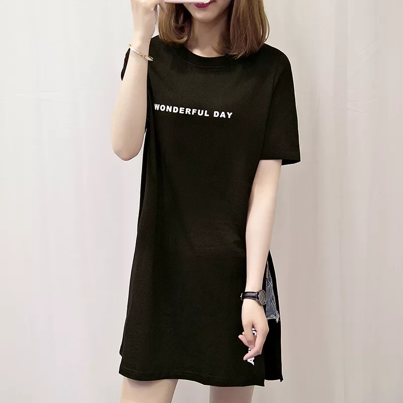 

WONDERFUL DAY Print Long T shirts Summer Women Loose Slit Femme Tops Cotton Tshirt Short sleeve Ladies t-shirt