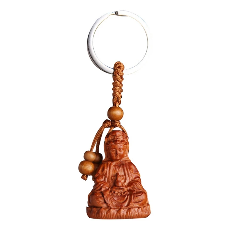 

10Pcs Mahogany Three-Dimensional Engraving Key Chain Lifelike Guanyin Pendant Key Ring Jewelry Gift For Car Accessories