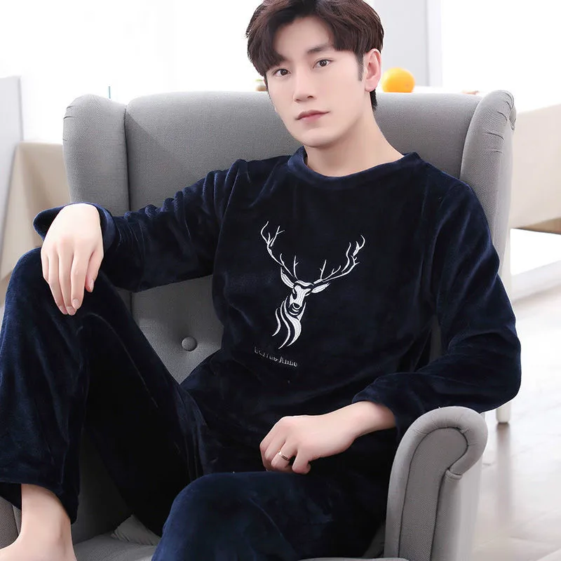 Winter Warm Flannel Pajamas Sets Male Men Nightwear Plus Size Sleepwear Long Pant Winter Warm Pijamas Trouser Suits