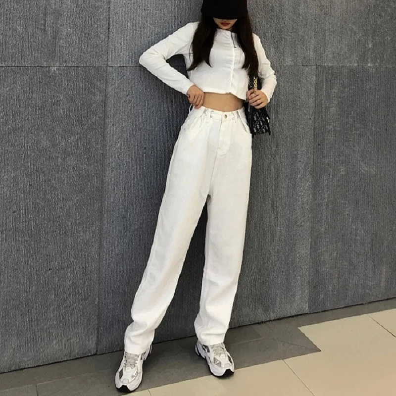 

Designer Women Jeans Adjustable Waist Personalized Korean Fashion Baggy Straight Wide Legs Drape Look Thin Denim Pants Female