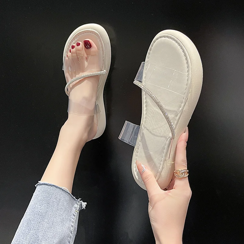 2023 Summer New Round Toe Open Toe Rhinestone Transparent Sexy Women's Slippers for Wearing Comfortable Single Shoe Women