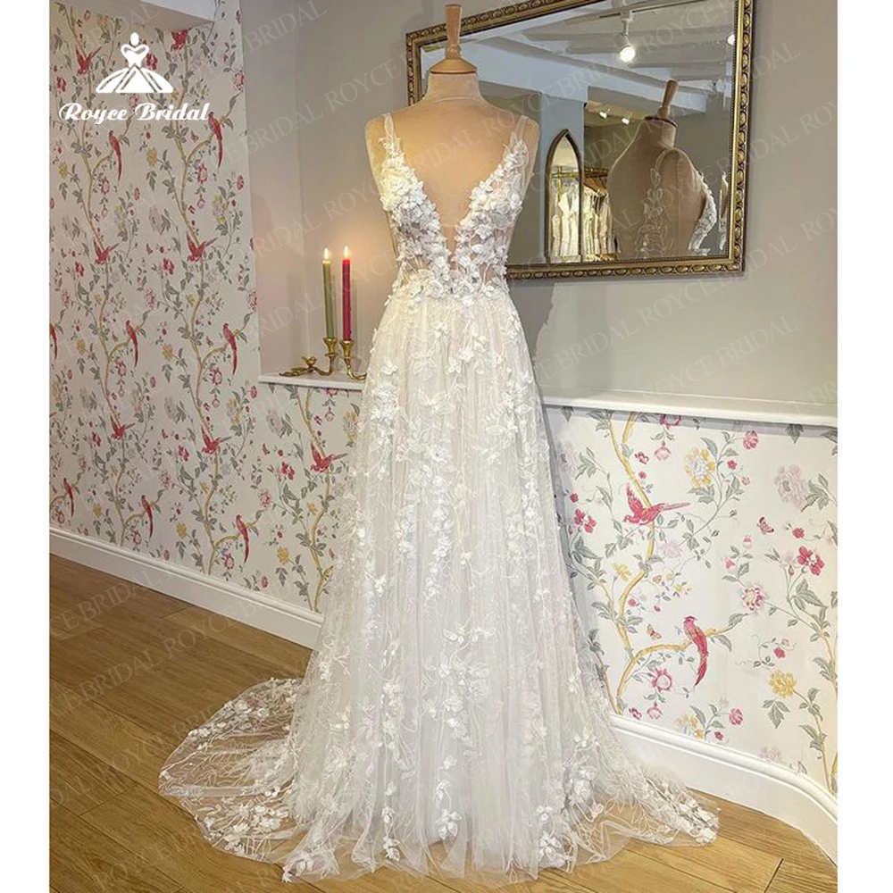 

Roycebridal A Line Boho Sleeveless Wedding Dress Deep V Neck Lace Appliques 3D Floral 2023 Robe Boheme Civil Women Beach Bridal