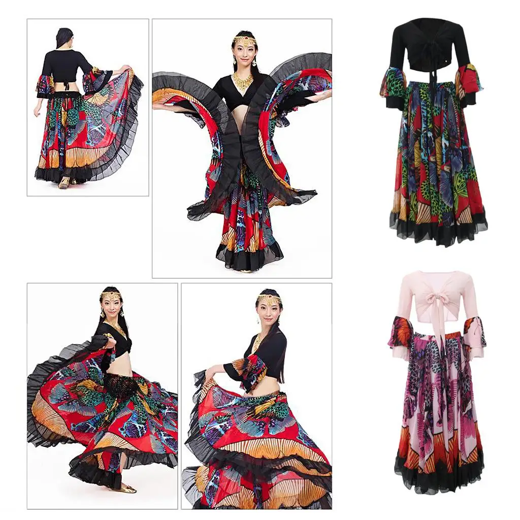 

Womens Butterfly Pattern Midi Flamenco Dance Swing Skirt+Chiffon Top