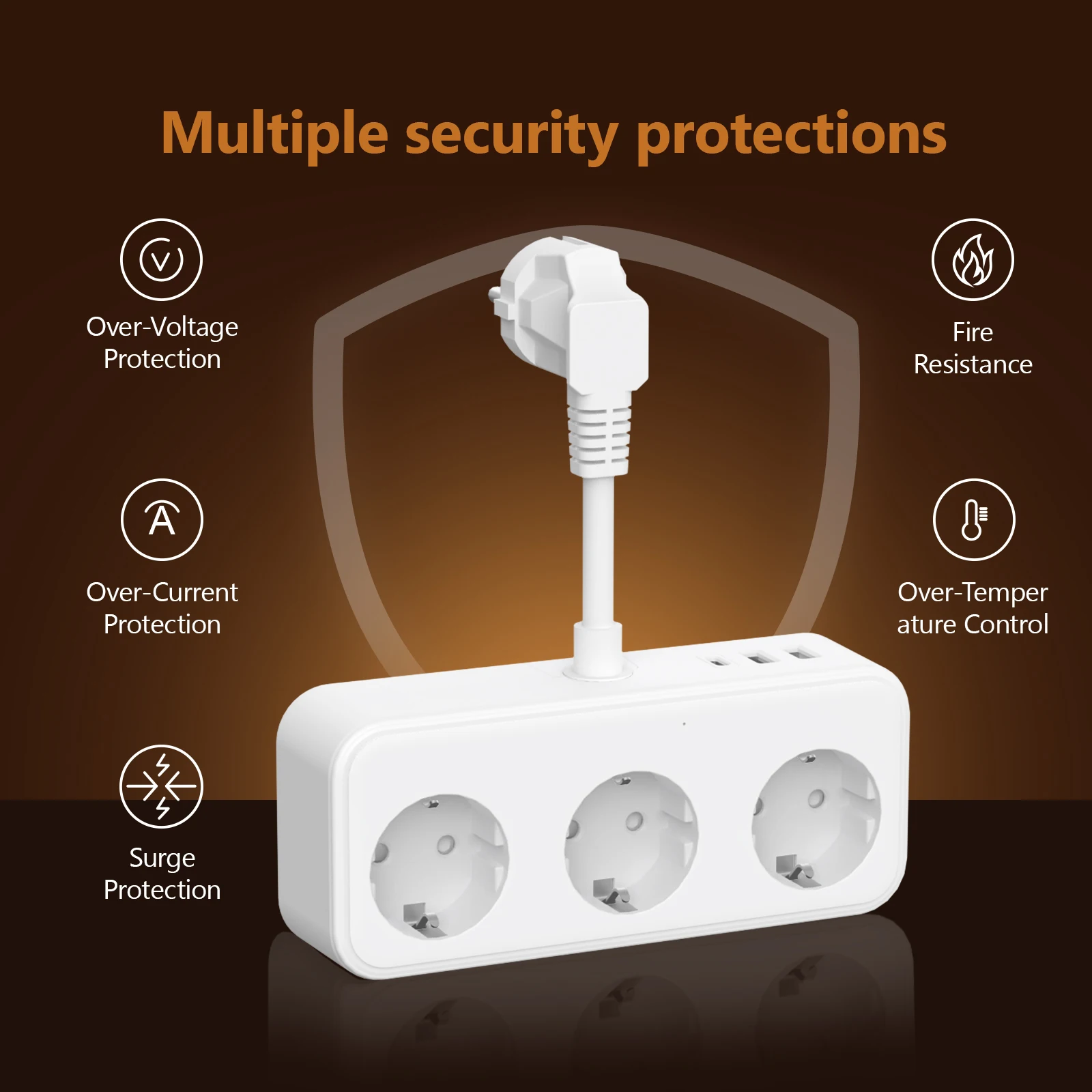 Удлинитель с вилкой европейского стандарта 3840 Вт 3 USB и розетками переменного