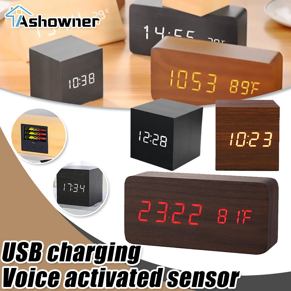 Watch Led Wooden Usb/aaa Powered Clocks Table Voice Control Digital Wood Despertador Electronic Desktop Table Decor
