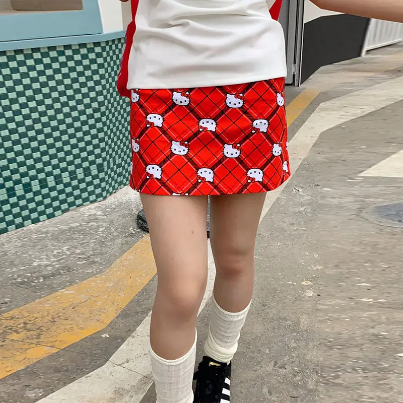 

Kawaii Sanrio Cute Cartoon Skirt Hellokitty Preppy Red Plaid Skirt Short with Everything Instagram Style