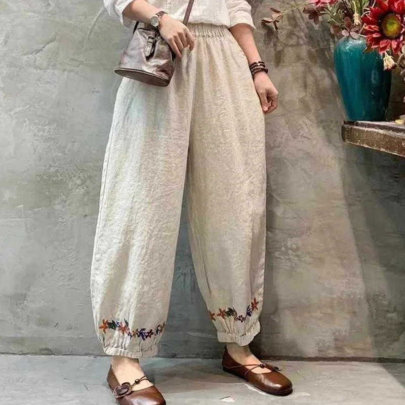 Повседневная Женская одежда свободные хлопковые льняные брюки женские