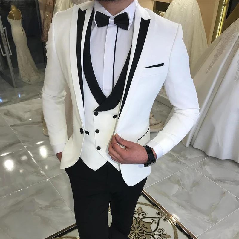 

White Slim Fit Men Suits for Groom 3 Piece Double Breasted Waiscoat Male Fashion Jacket with Black Pants Wedding Tuxedo 2023