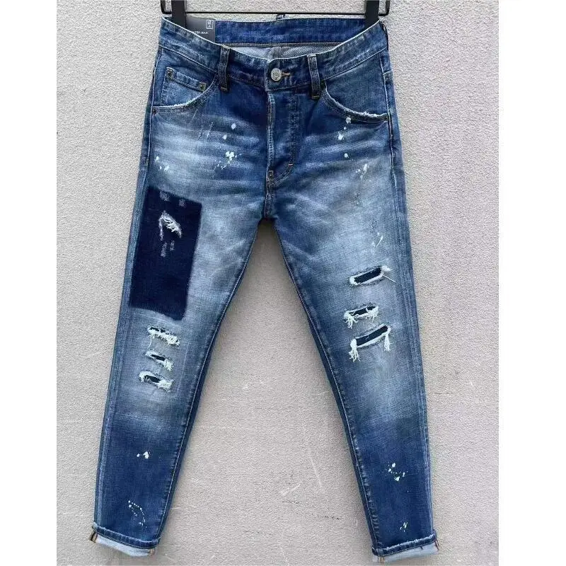 

Trendy Casual Men's Hole Spray Painted Jeans Fashion High Street Denim Fabric Pants C001