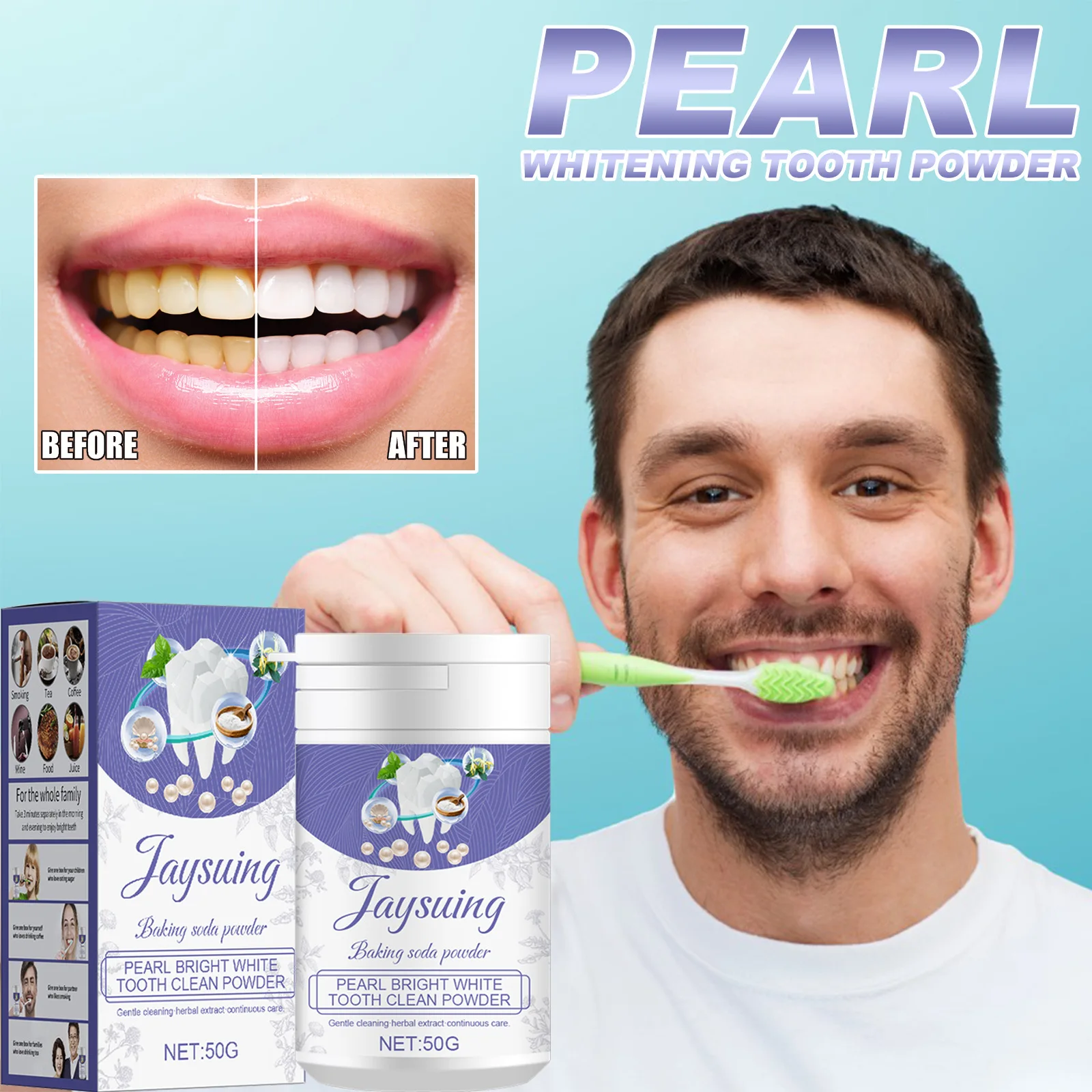 

Tooth Whitening Powder Brightening and Cleaning Tooth Stains Tartar Lasting Fresh Breath Baking Soda Tooth Powder Beauty Health