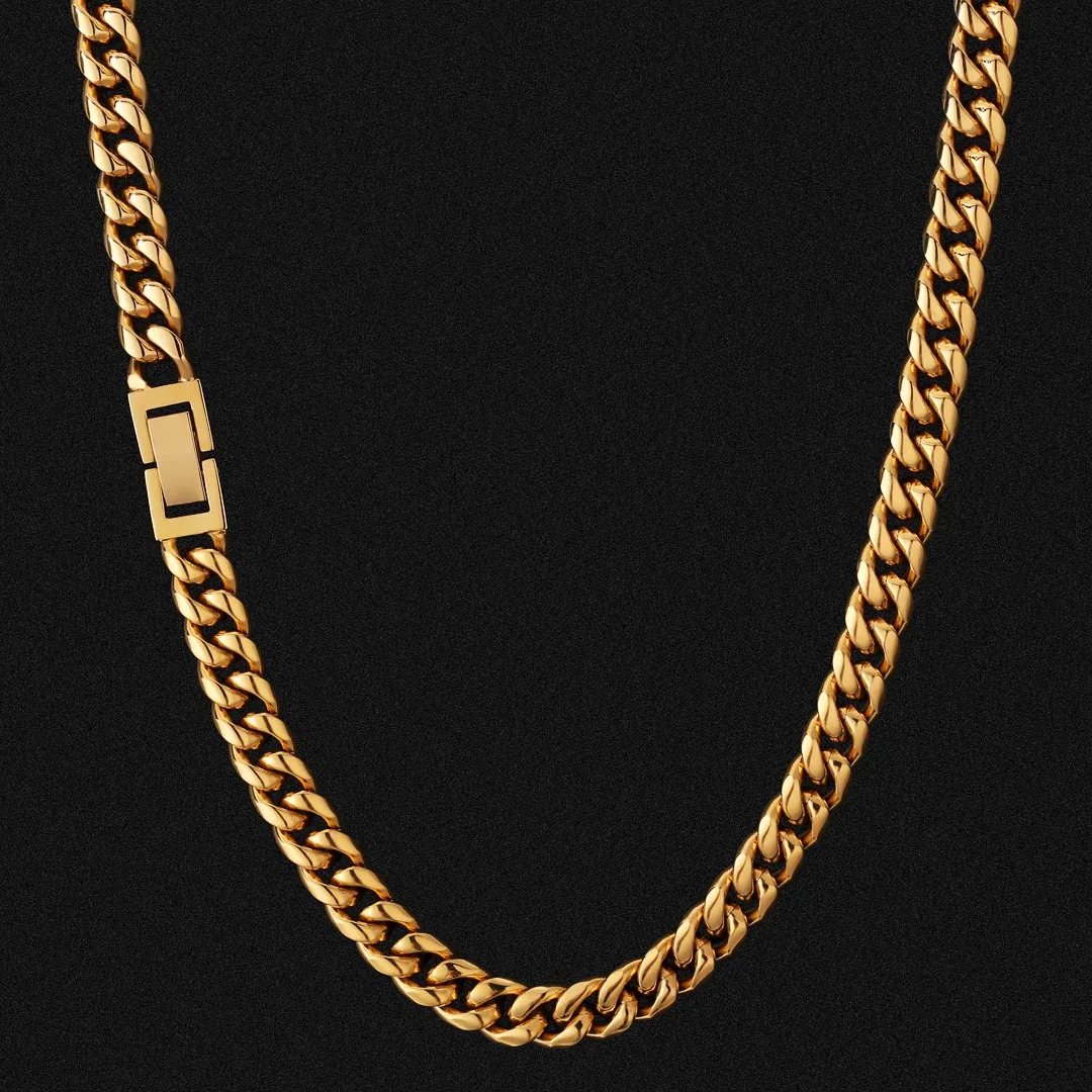 

JEWE 8mm 18k Gold Miami Cuban Link Curb Chain Mens Hip Hop Jewelry Durable Street-wear Solid No Tarnish Bracelet 316L Necklace