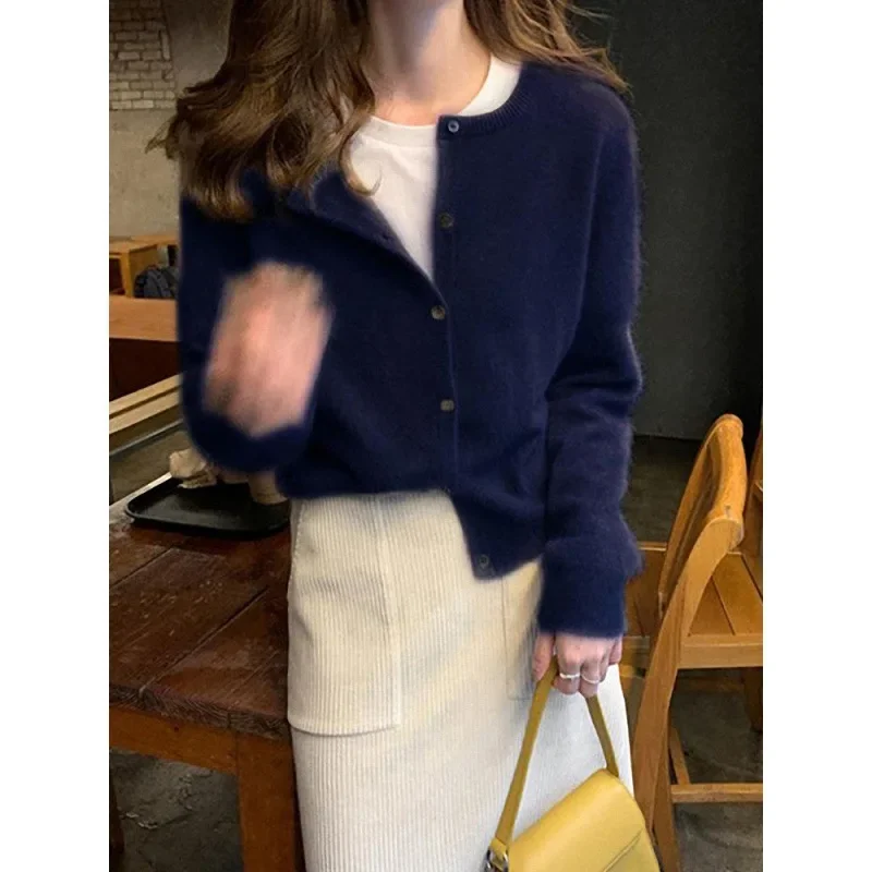 Универсальный вязаный топ женский однотонный свитер с круглым вырезом свободная