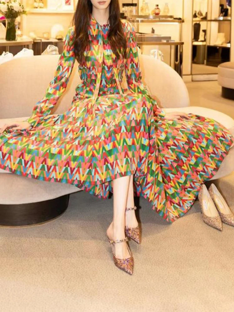 

2022 Summer Fashion Designer Midi Dress Women Color Matching Printed Single Breasted Belt Elegant Party