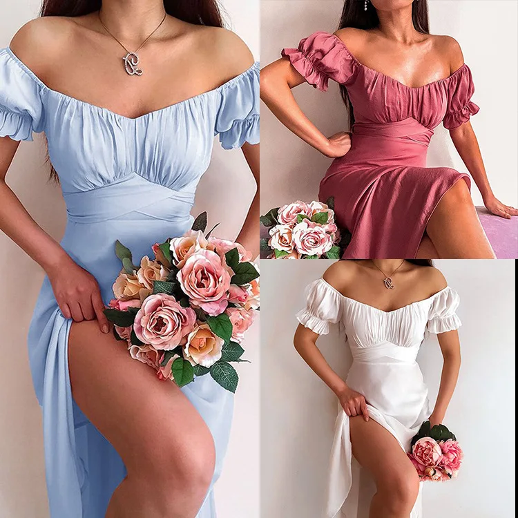 

2023 Summer New High end Elegant Solid Color Dress with Split Bottom Bubble Sleeve Dress