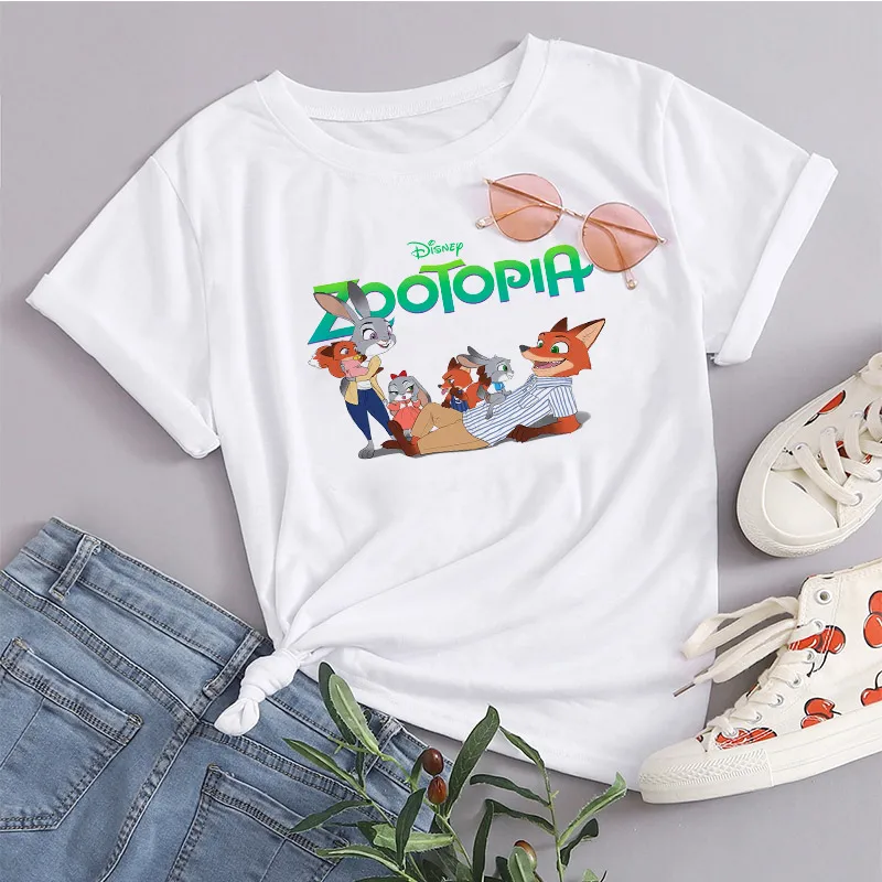 

Disney T-Shirts Women Fashion Zootopia Cartoon Graphic Tee Summer Short Sleeve T Shirt Ladies Tops White Loose Female Clothing