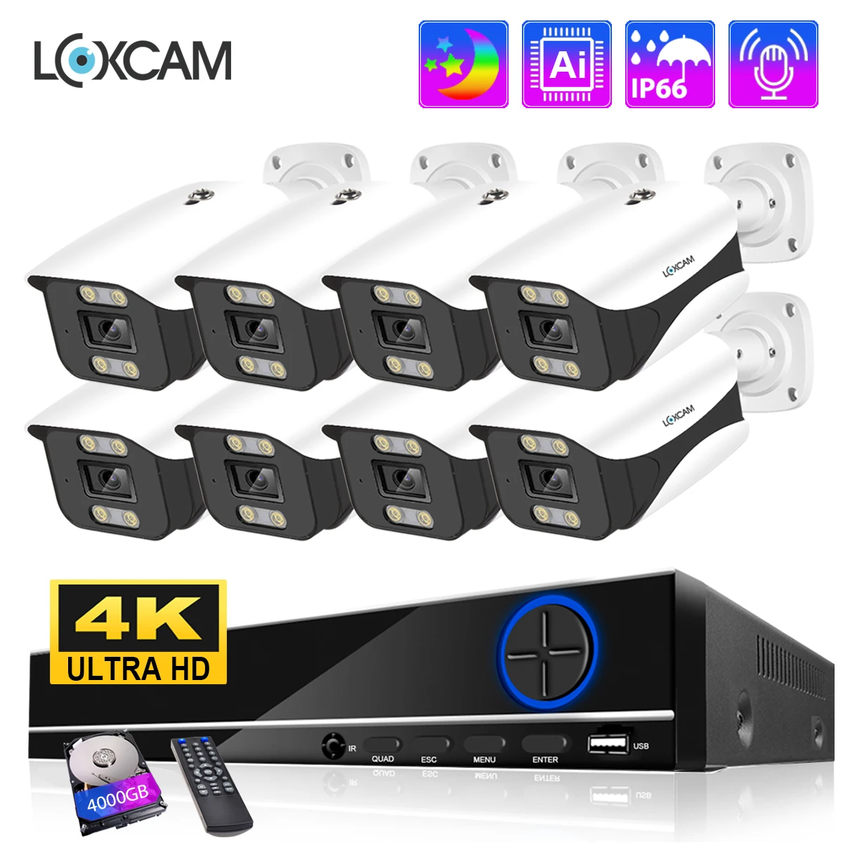 LOXCAM 8CH 4K камера видеонаблюдения системы безопасности POE NVR Kit 8MP Ultra HD Audio