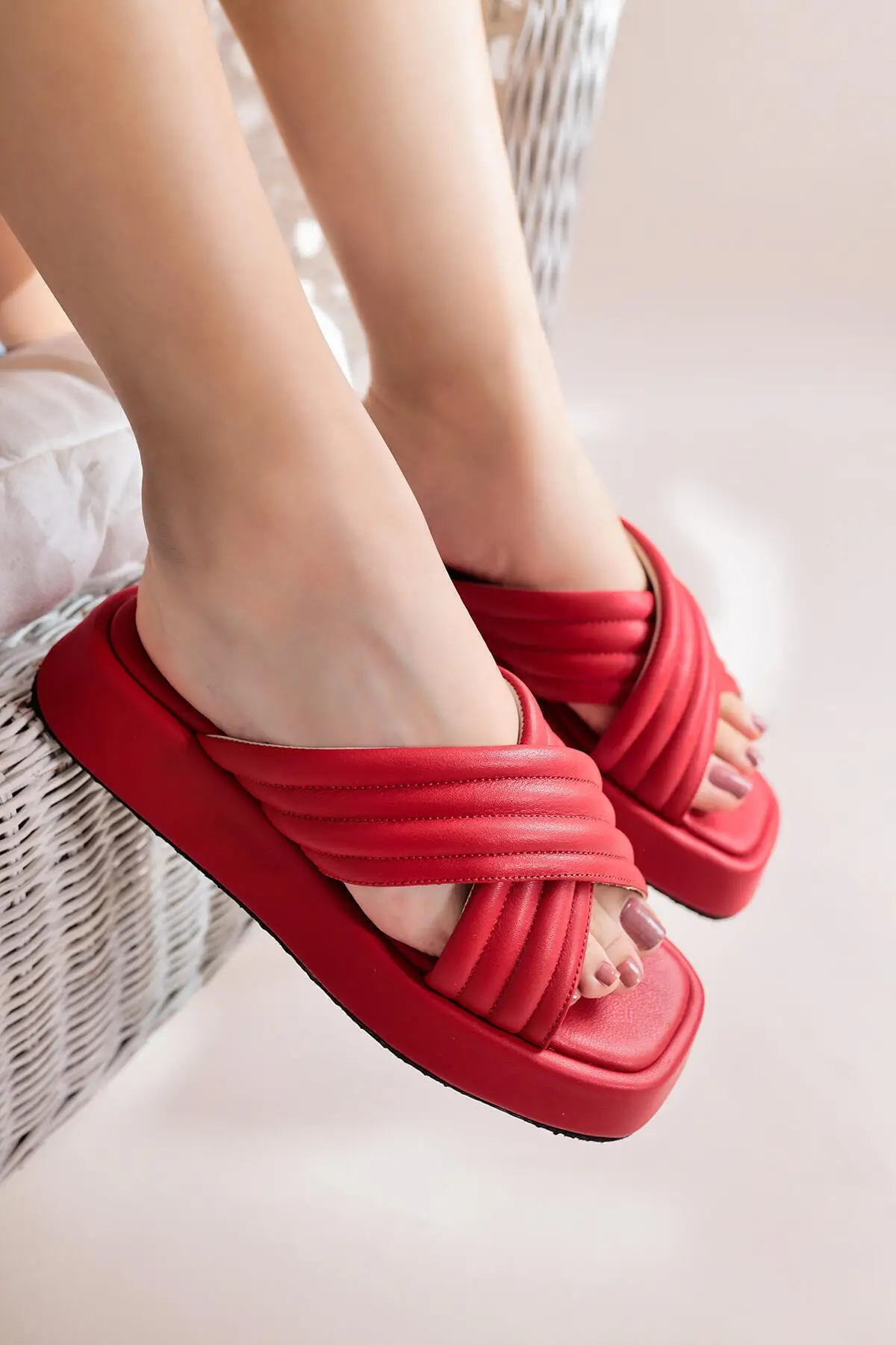 

Genuine Leather Audrey Red Cross Thick Banded Filler Floor Slippers