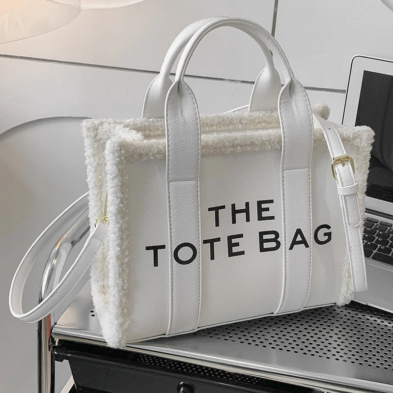 Female White Tote Handbag Medium Pu Leather Furry Letter Print Lovers' Crossbody Bag Top Handle Aesthetic Women's Shoulder Bags
