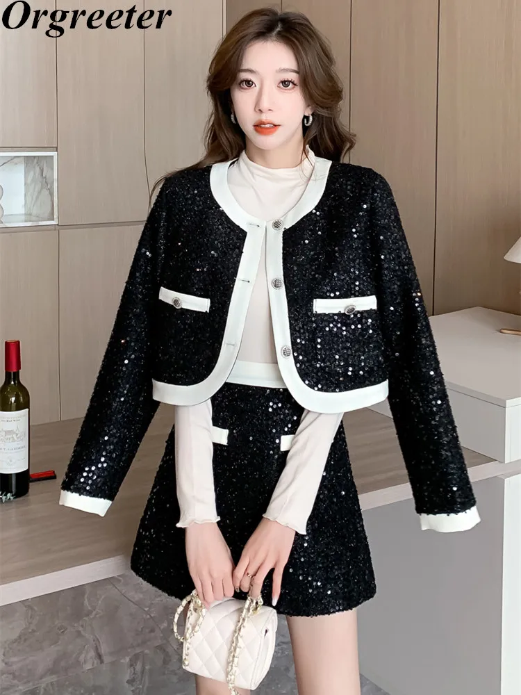 

Женский твидовый костюм с блестками, роскошный комплект из двух предметов, короткая куртка и мини-юбка, комплект из двух предметов, Y2K