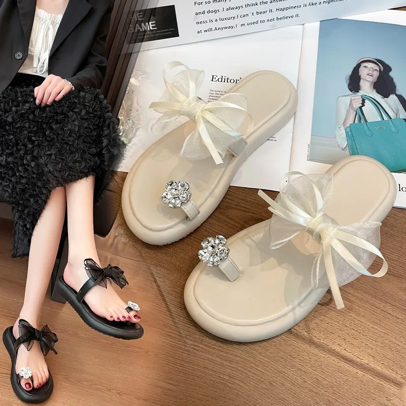Diamond Toe Socket Slippers Sandals Women 2023 Summer New Bow Flat Slipper Platform Sandalias Flip Flops Pantuflas Chinelos
