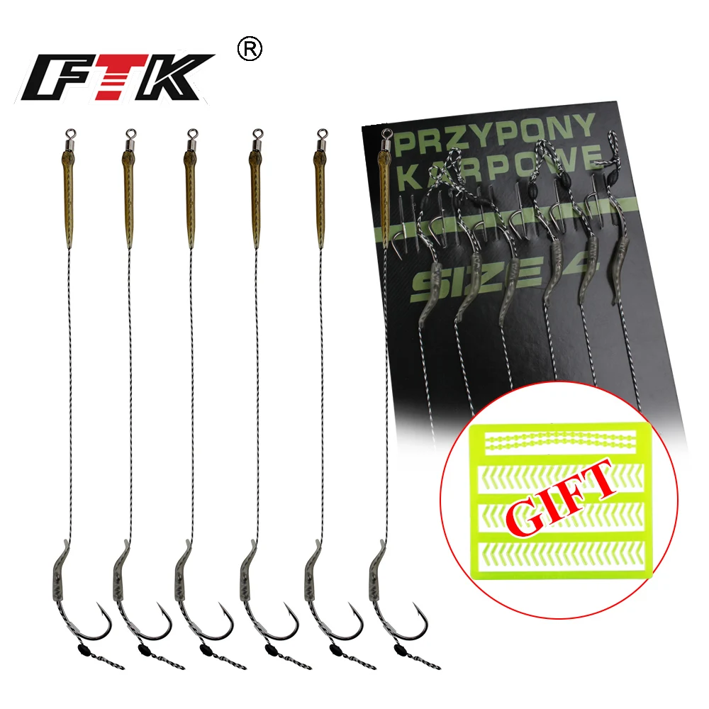

FTK 18.5cm 6-8pcs Leader Carp Fishing Hooks Hair Rigs With Line 30-60LB 2/4/6/8# Europe Feeder Group Carp Hook Accessories