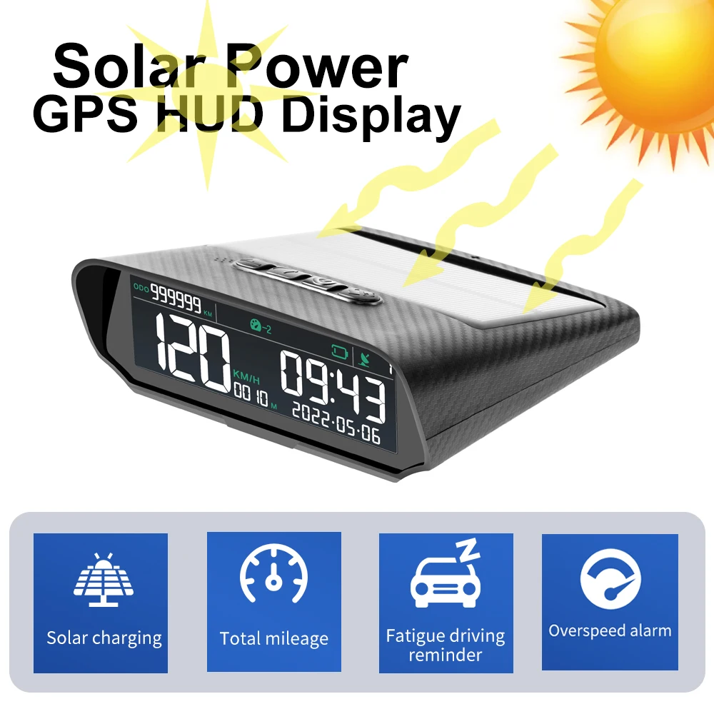 

Автомобильные часы на солнечной батарее, HUD GPS беспроводной цифровой дисплей, спидометр, время и дата, автоматическая регулировка яркости