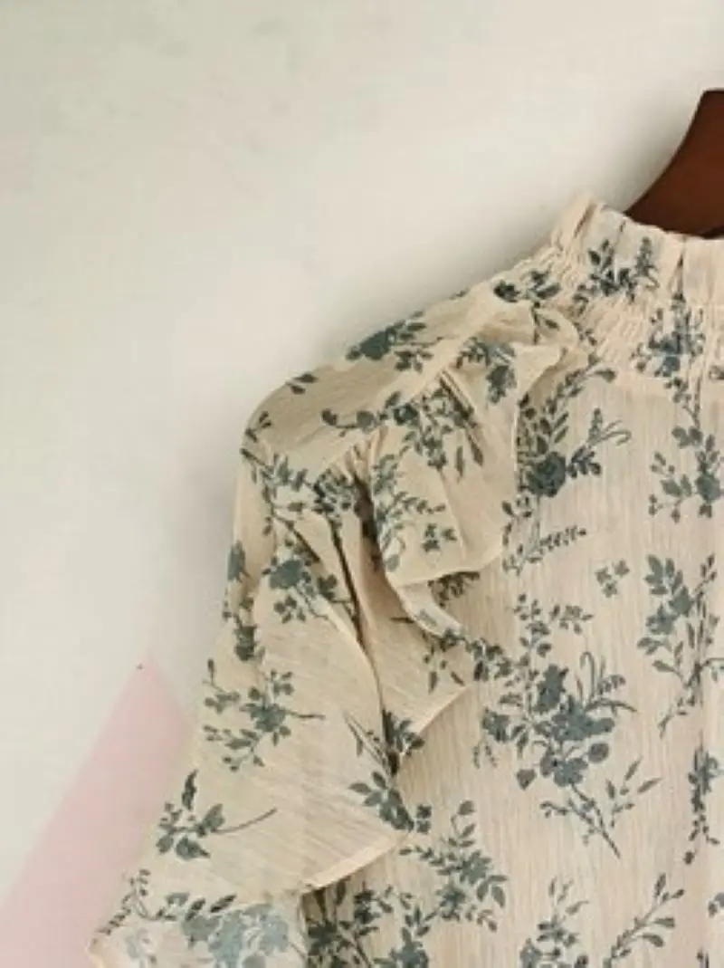 

Women Shirt Ruffled Collar Floral Printed Ruffles Lantern Sleeve Slim Spring Sunmer Blouse