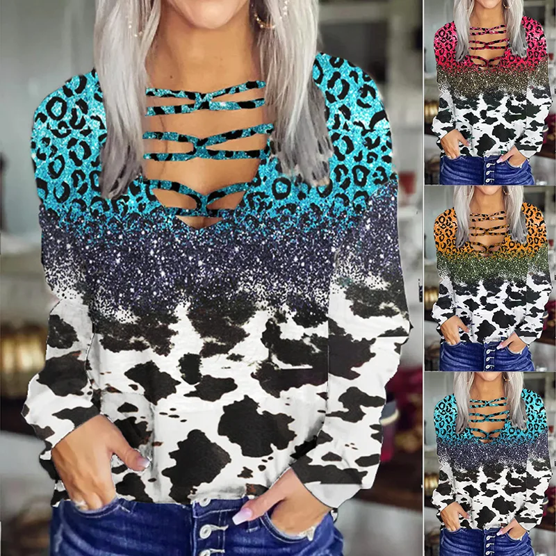 

Женская футболка с длинным рукавом, V-образным вырезом и леопардовым принтом