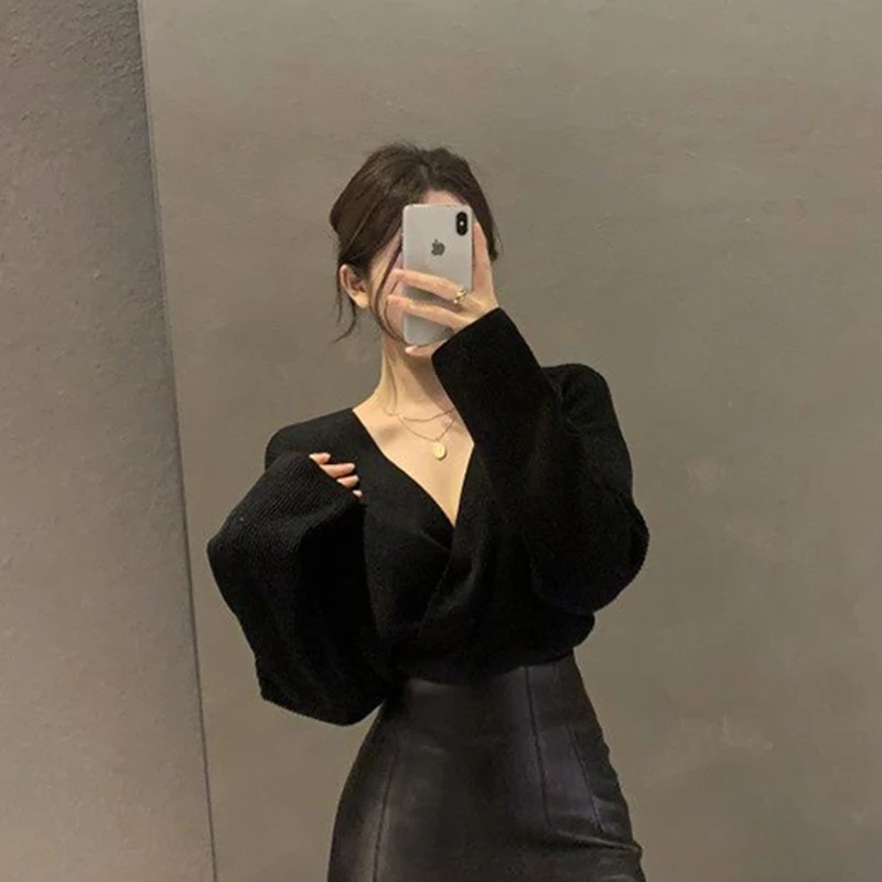 

Black Sweaters Women Korean Irregular V Neck Knitted Pullovers Office Lady Elegant Knitwear Autumn Winter Solid Jumpers