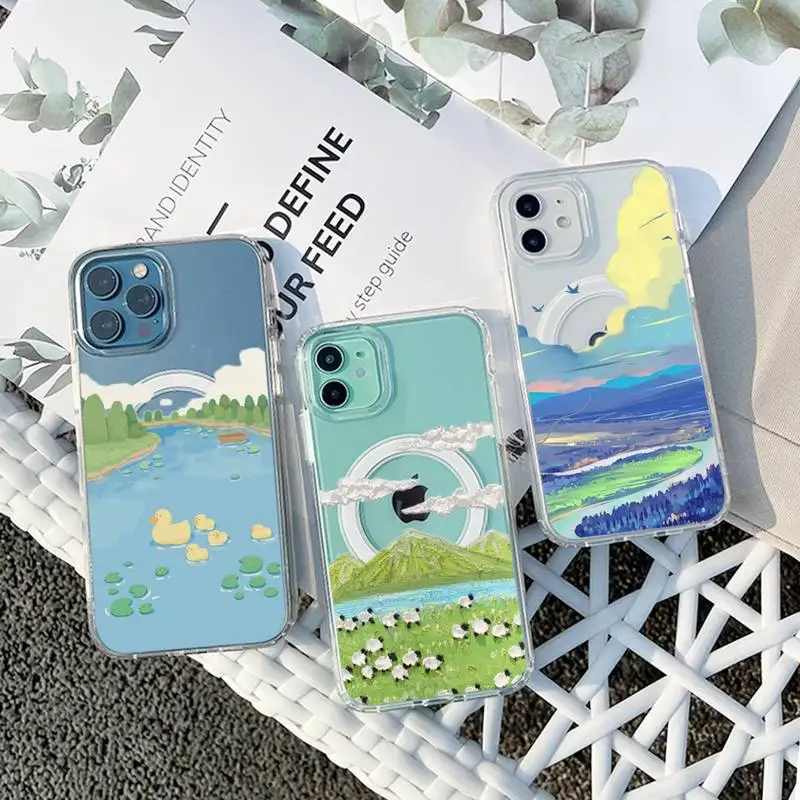 

grassland natural scenery Phone Case For iPhone 13 12 11 Mini Pro Max transparent Super Magnetic MagSafe Cover