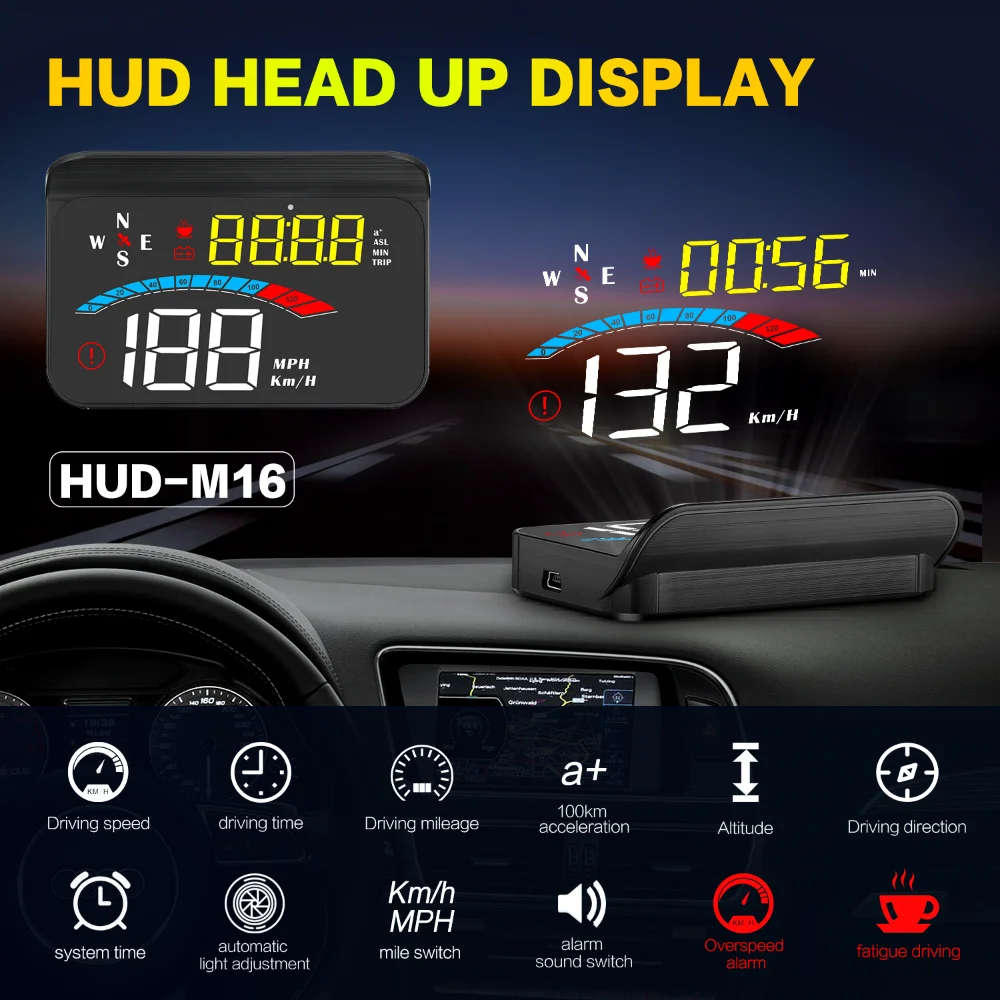

Автомобильный GPS-Спидометр HUD M16, измеритель скорости, км/ч, миль/ч, с оповещением о превышении скорости, усталости, вождения, автомобильные аксессуары для всех автомобилей