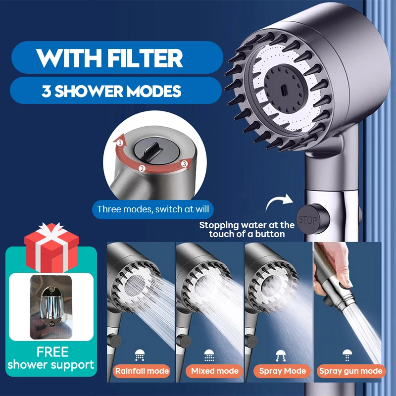 

3 Modes Shower Head High Pressure Showerhead Portable Filter Rainfall Faucet Tap Bathroom Bath Home Accessories