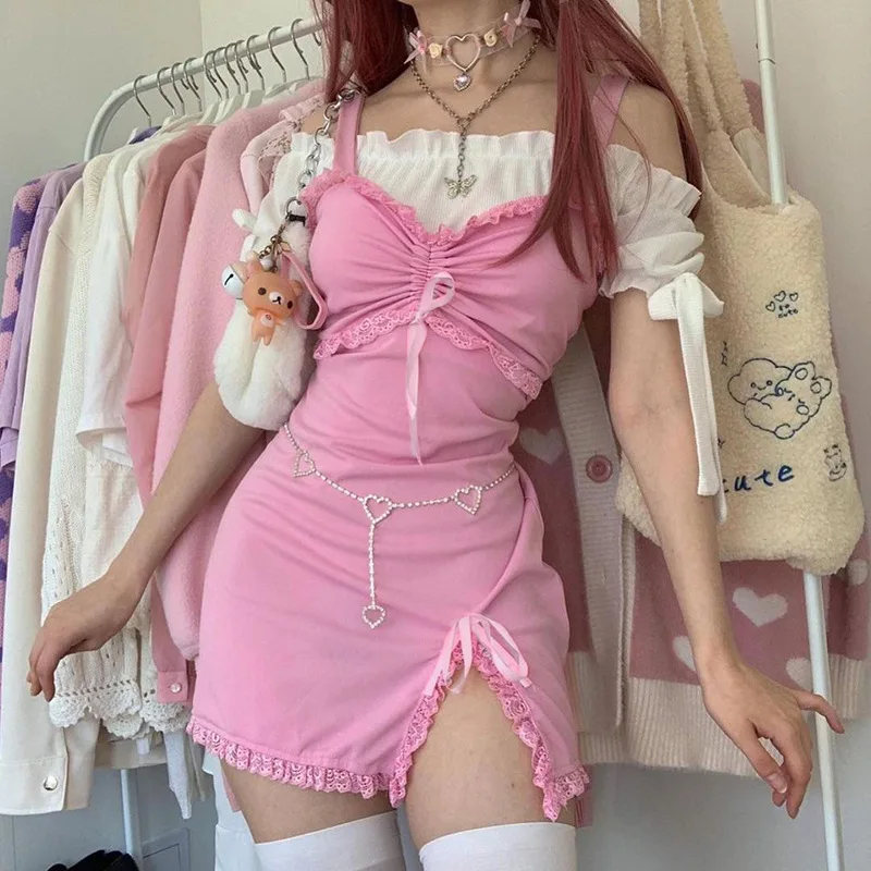 

Goth Dark Y2k Aesthetic Harajuku Kwaii Pink Bow Mini Dresses Pastel Gothic Women Sexy Skinny Lace Dress Drawstring Split Clothes