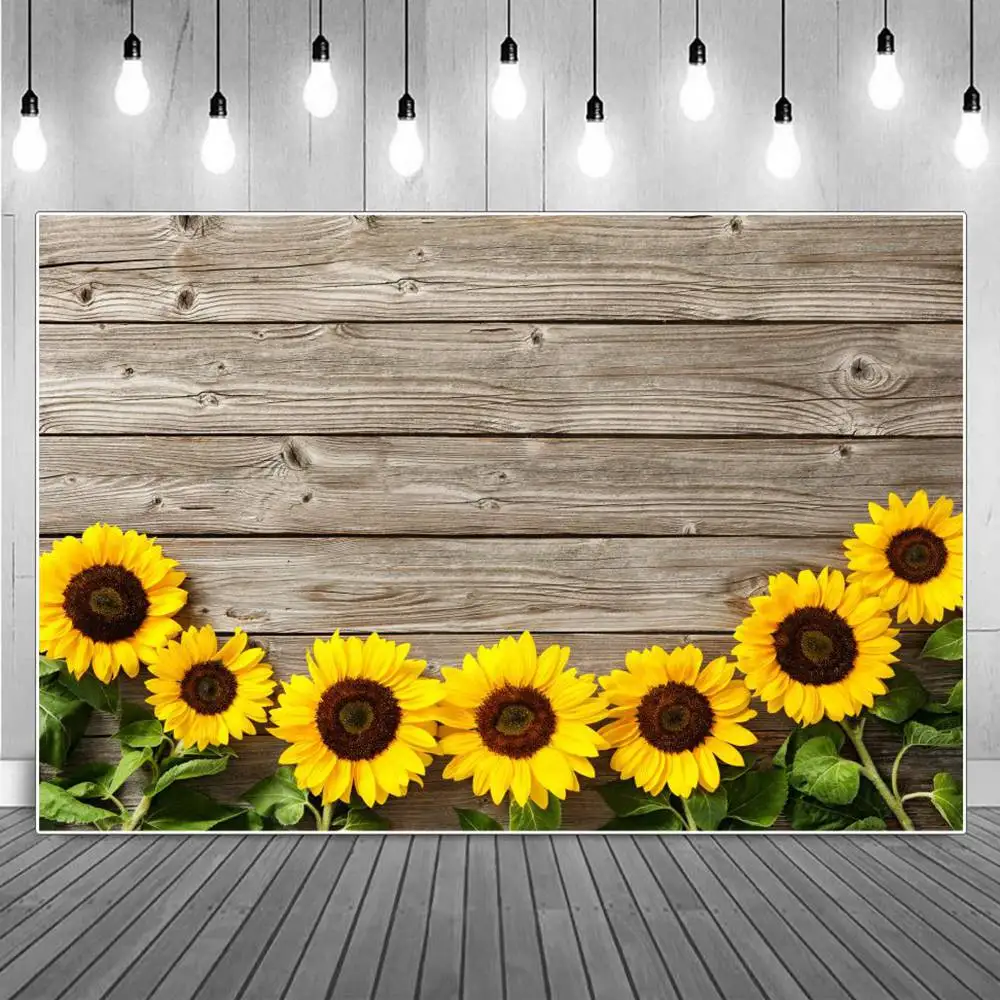 

Smiling Sunflowers Decoration Wood Eye Log Plank Photography Backdrops Home Studio Brown Board Grain Flat Lay Photo Backgrounds