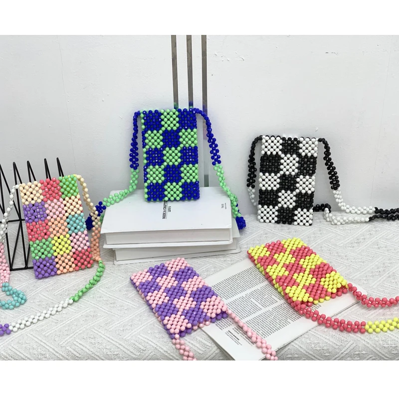 

Summer Woven Pearl Clear Purses Handbags Plaid Handmade Purses Sachel Square Acrylic Mobile Phone Mini Envelope Crossbody Bag