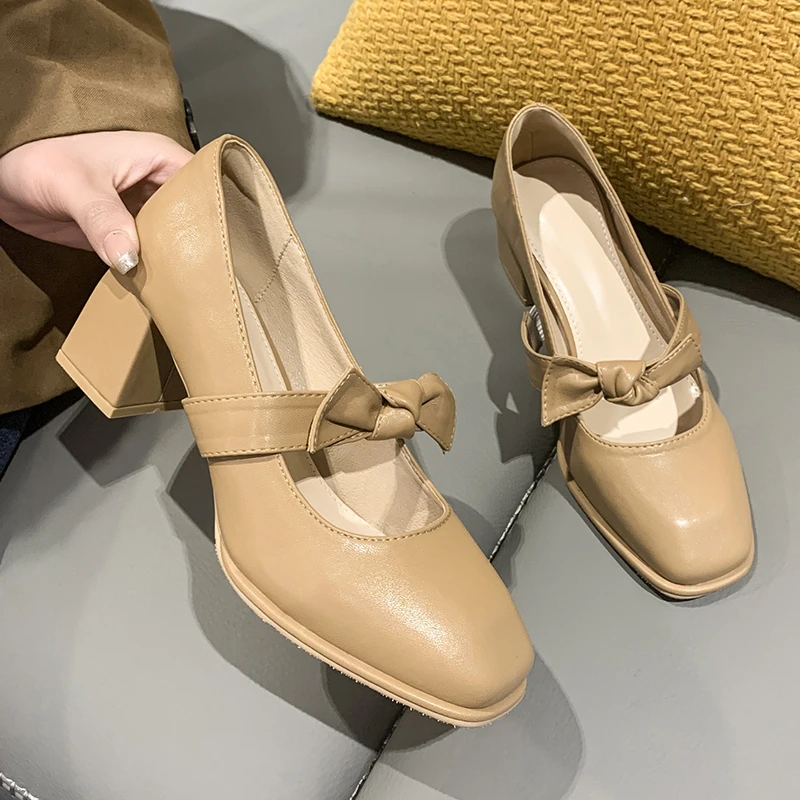 

Solid Color Women High Heels Bow Decoration Shallow Women's Mary Jane Shoes Women Dress Shoes zapatos mujer Women's Pumps