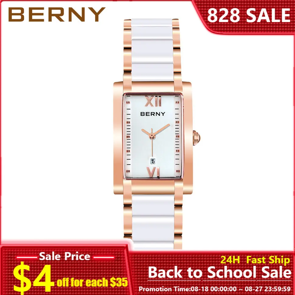 

BERNY Women Watches Luxury Waterproof Rose Gold Bracelet Watch TANK Women Ceramics Quartz Watch Ladies 2022 Reloj Mujer Elegante