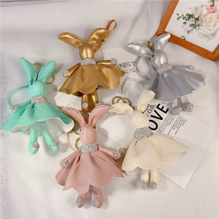 

new Fashion Car Keychain PU Leather Set with Diamond Bunny Keychains for Women Bag Pendant Jewelry Trinket Key Ring Key Chain