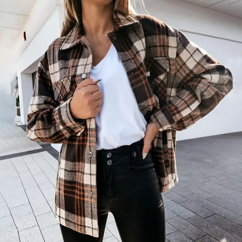 

Stylish Shirt Jacket Buttons Placket Button Cuff Warm Autumn Casual Plaid Top Shirts Jacket