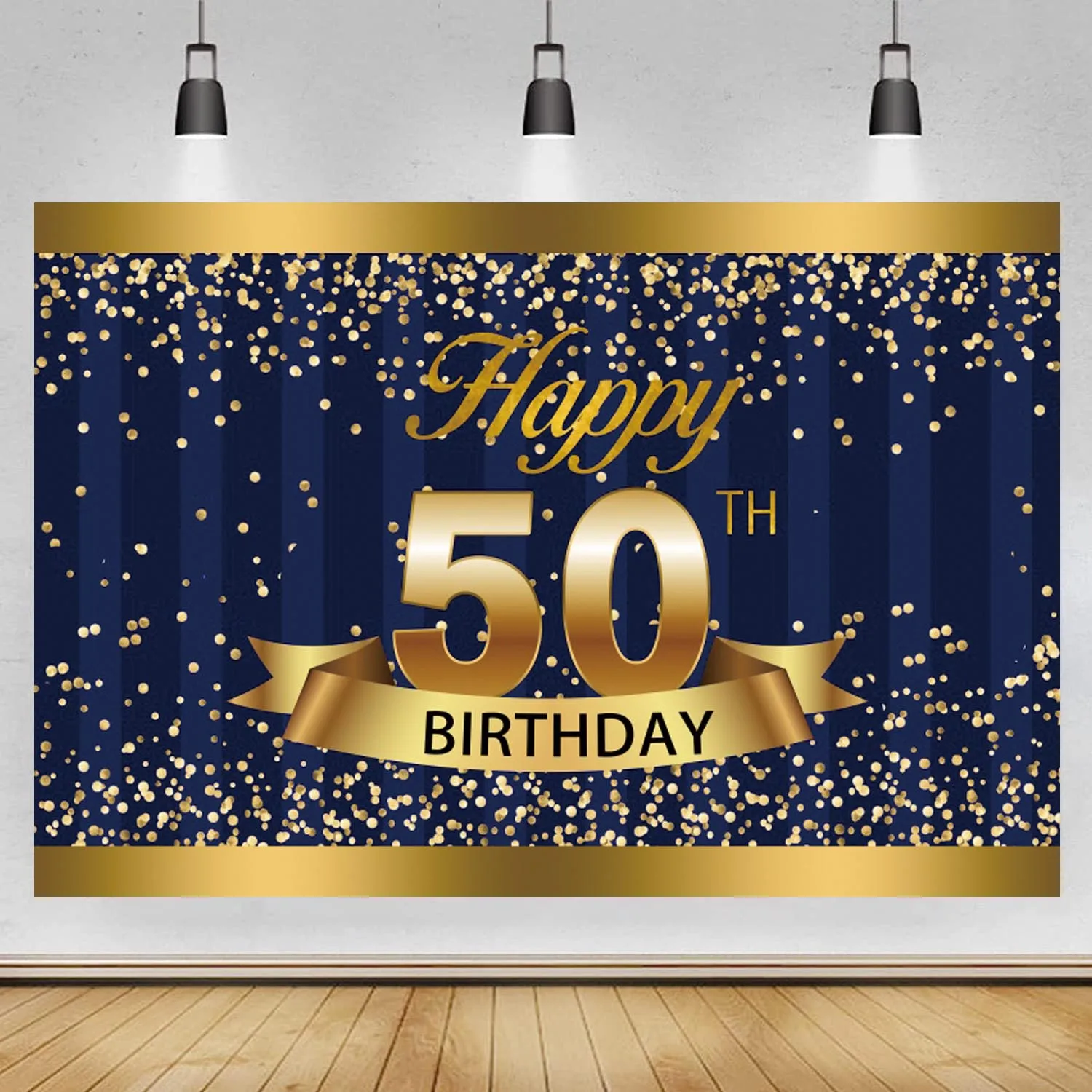 Happy 50th Birthday Backdrop Blue Glitte Gold Men Women Fifty Years Old Birthday Party Photography Background Photo Studio