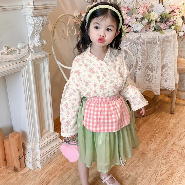 

Детский комплект для девочек на весну и лето, Топ с длинным рукавом и цветочным рисунком + клетчатая юбка + сетчатая юбка, костюмы для младенцев, детская одежда