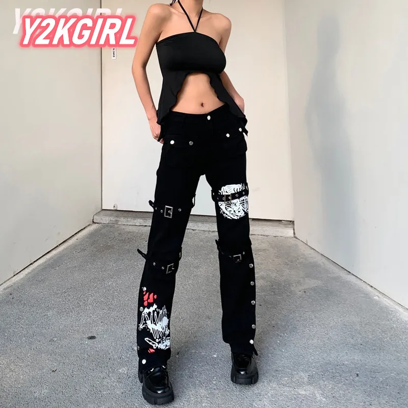 Y2KGIRL Vintage 90s Gothic Pants High Waist Aesthetic Design Black Women Long Trousers Fashion Hip Hop Streetwear Button Clothes