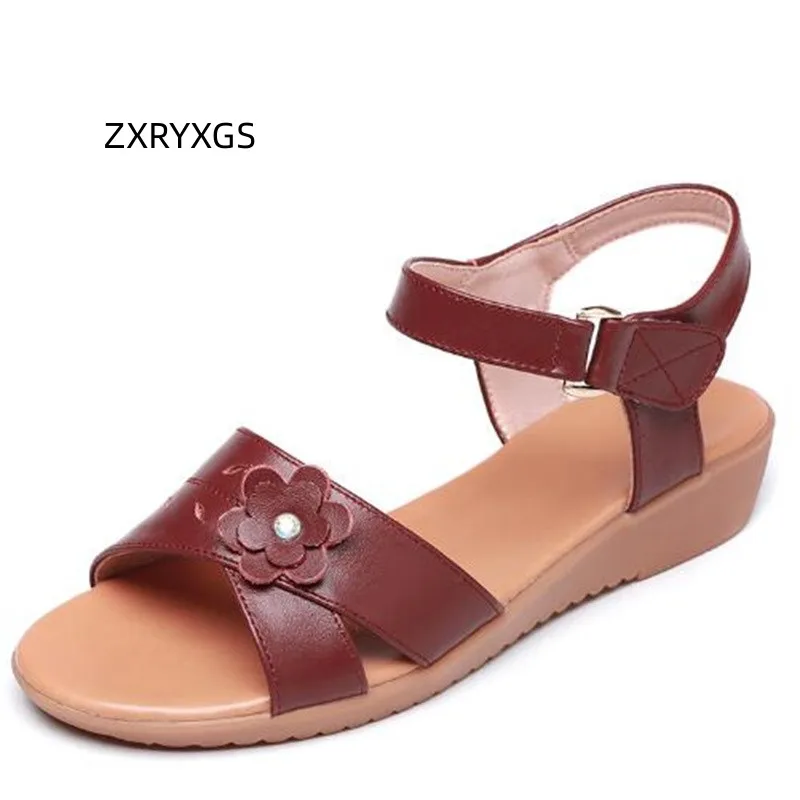 

ZXRYXGS 2023 Summer Genuine Leather Flowers Sandals Flat Wedges Soft Sole Comfort Open Toe Sandals Large Size Women Sandal Shoes