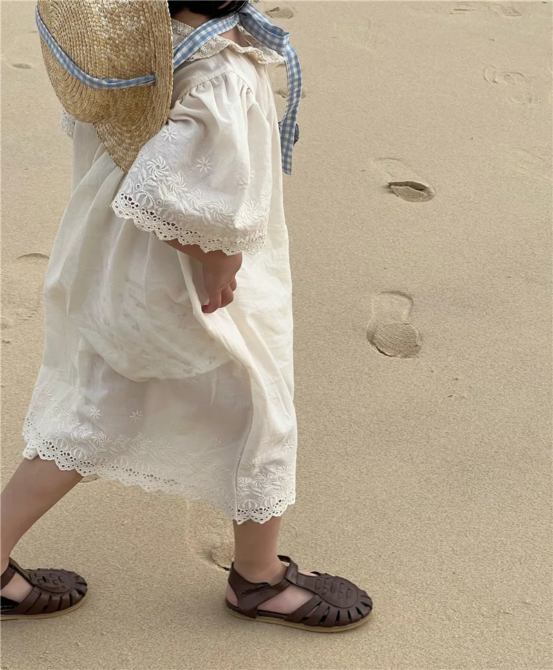 

Корейский стиль 2023, летние кружевные хлопковые платья для маленьких девочек с вышивкой, детское бежевое Повседневное платье с пышными рукавами для малышей