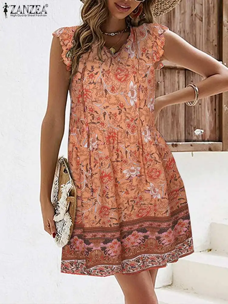 

Vintage Floral Print Beach Dress ZANZEA Bohemian Fashion Mini Dress Women Casual V Neck Ruffles Short Sleeve Vestido A-line Robe