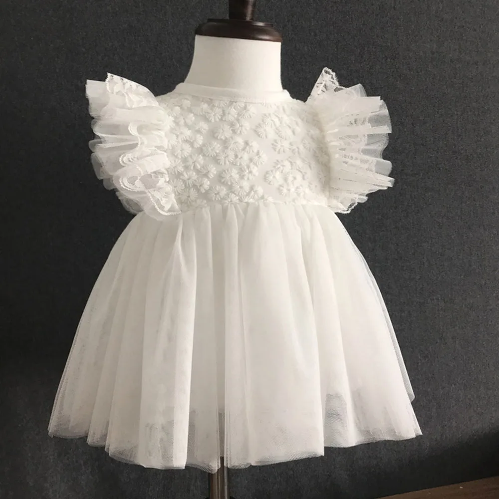 

Puff Sleeve Lace Flower Summer Baby Girl Dress White Pink Tulle Toddler Girl Clothes Child Party Birthday Baptism Dress 12 Month