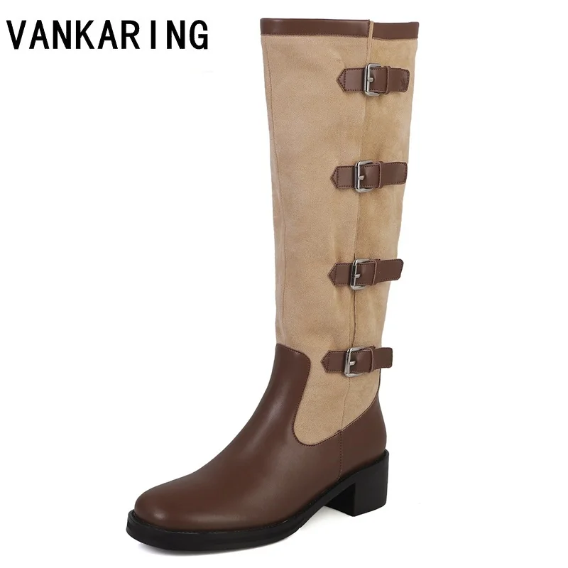 

high quality brand cowhide+denim knee high boots for women lady punk buckle riding boots high heels all matched winter boots