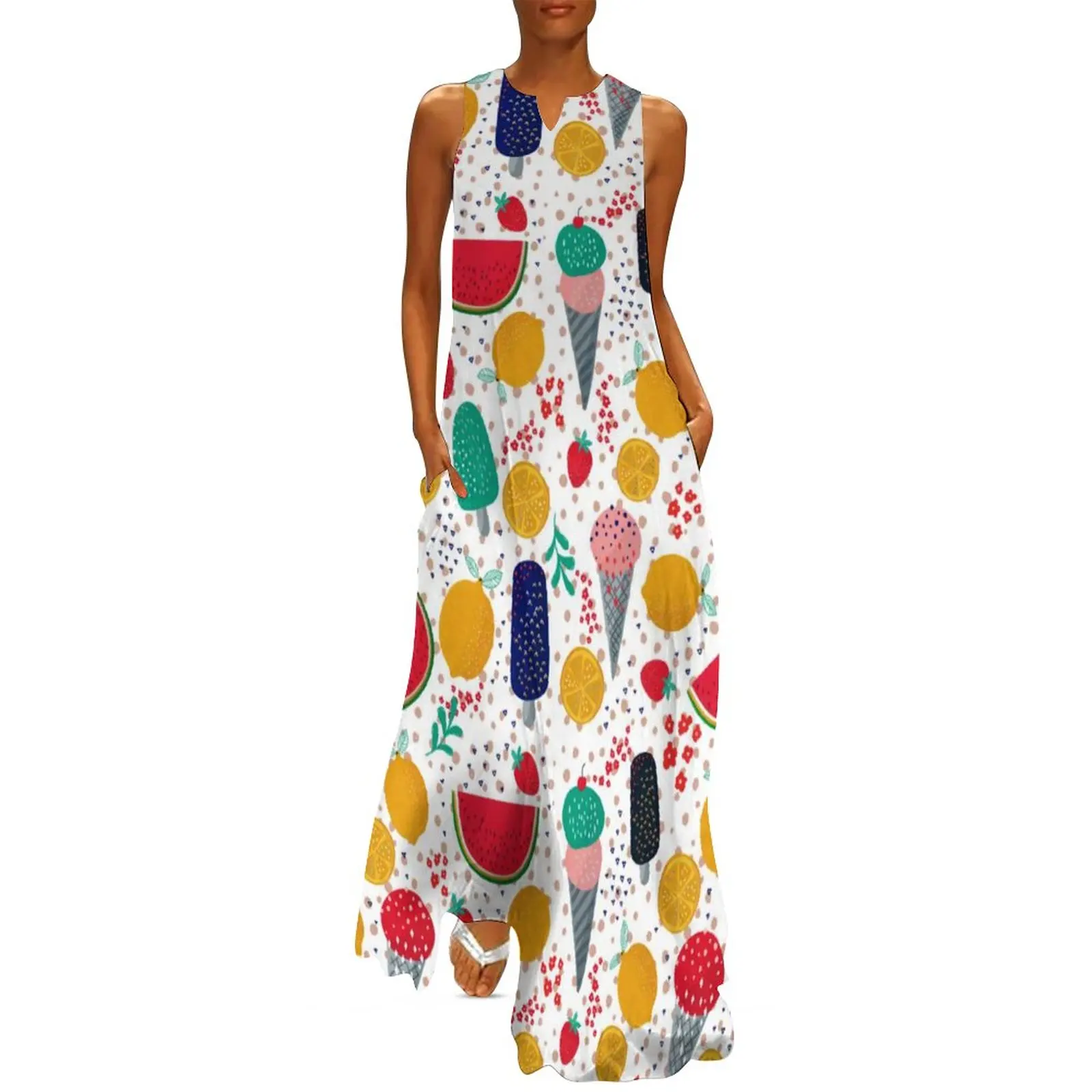 

Fun Ice Cream Print Dress Colorful Summer Foods Elegant Maxi Dress V Neck Boho Beach Long Dresses Street Style Oversize Vestidos