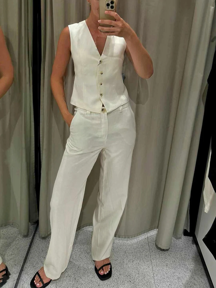 

Women Solid Waistcoat Pant Sets 2023 Spring Summer V-Neck Single-Breasted Sleeveless Vest+High Waist Flare Long Pant 2 Piece Set