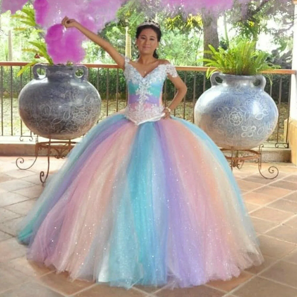 

Rainbow Sparkly Off Shoulder Quinceanera Dresses Sweet 16 Prom Party Ball Gown